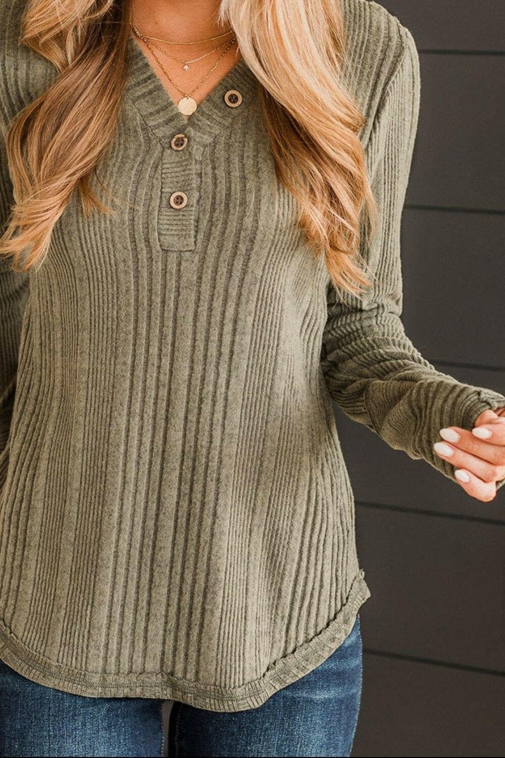 Ribbed Buttoned Long Sleeve Blouse.