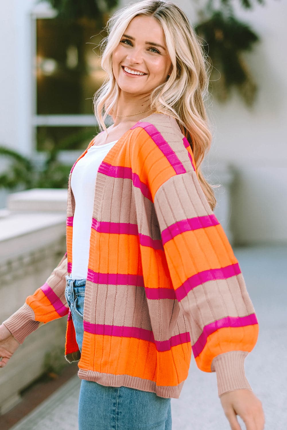 Ribbed Striped Open Front Long Sleeve Cardigan.