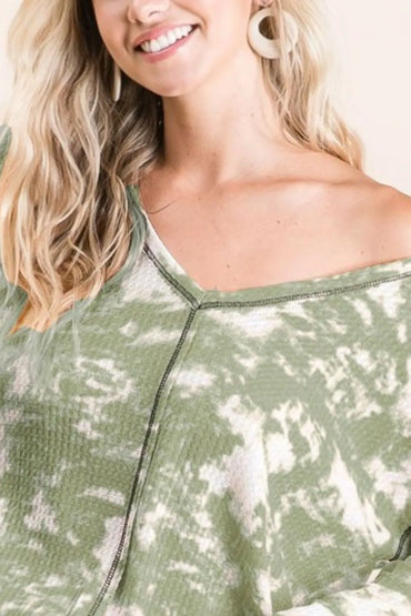 BiBi Tie Dye Print Waffle V Neck Top with Contrast - Love Salve 