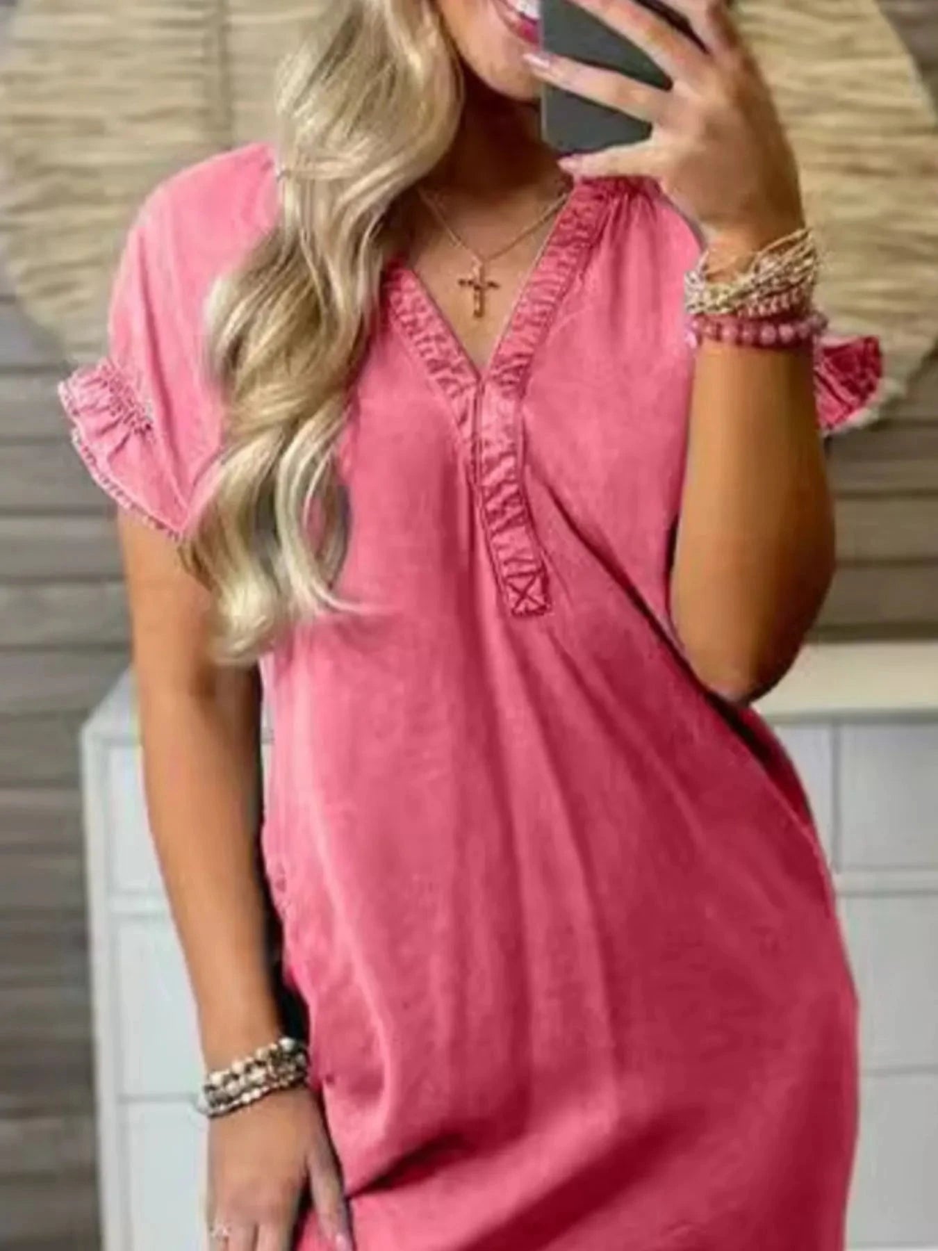 Full Size V-Neck Short Sleeve Denim Dress Plus Size Coco’s Tee Boutique