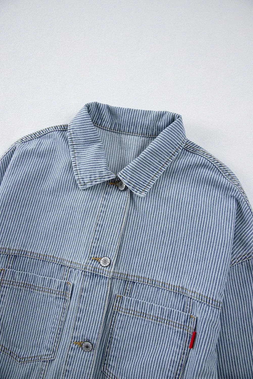 Striped Button Up Long Sleeve Denim Jacket.