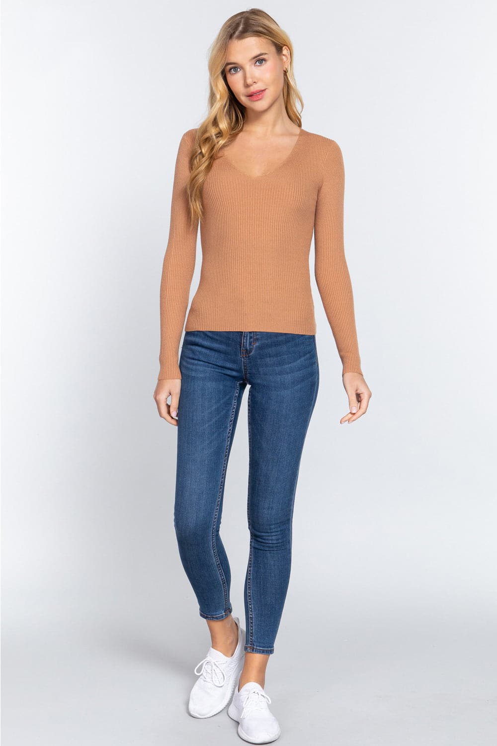 ACTIVE BASIC V-Neck Fitted Viscose Rib Knit Top.