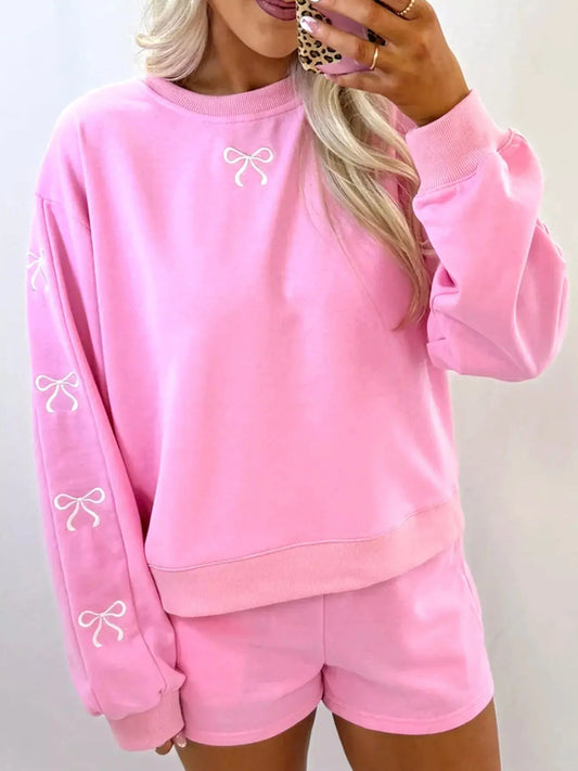 Bow Embroidered Round Neck Top and Shorts Set Simply Love