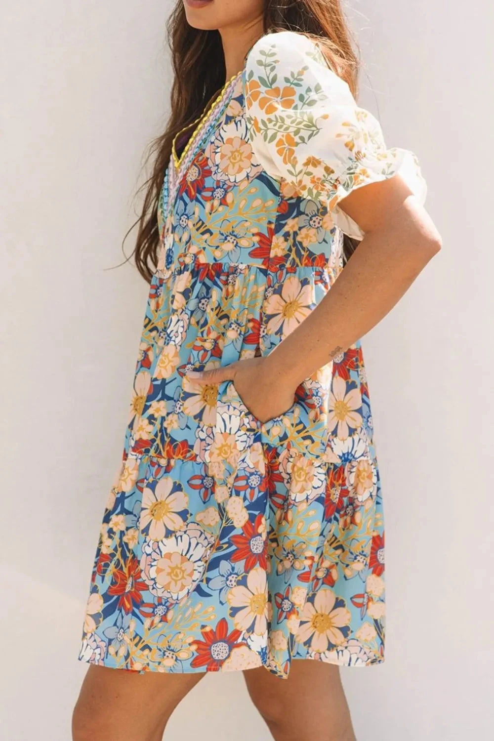 Printed Notched Flounce Sleeve Mini Dress Simply Love