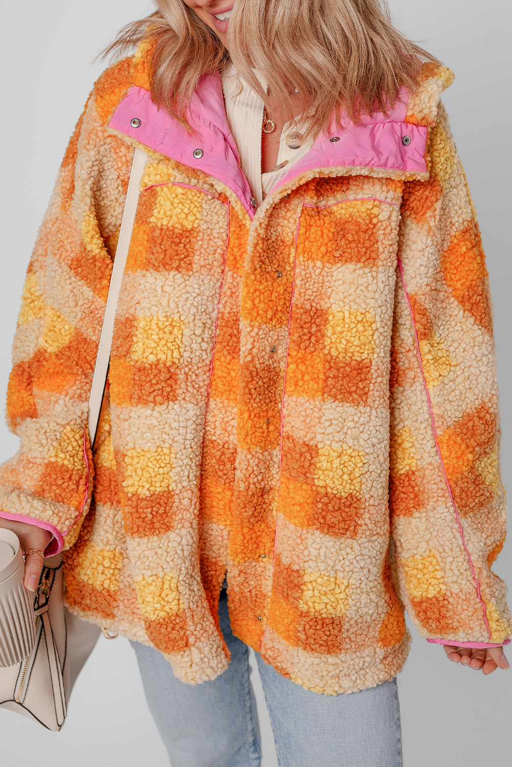 Cozy orange checkered sherpa jacket