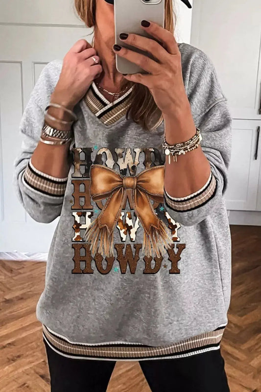 Howdy Graphic V Neck Sweatshirt With Bow Design In Gray Simply Love