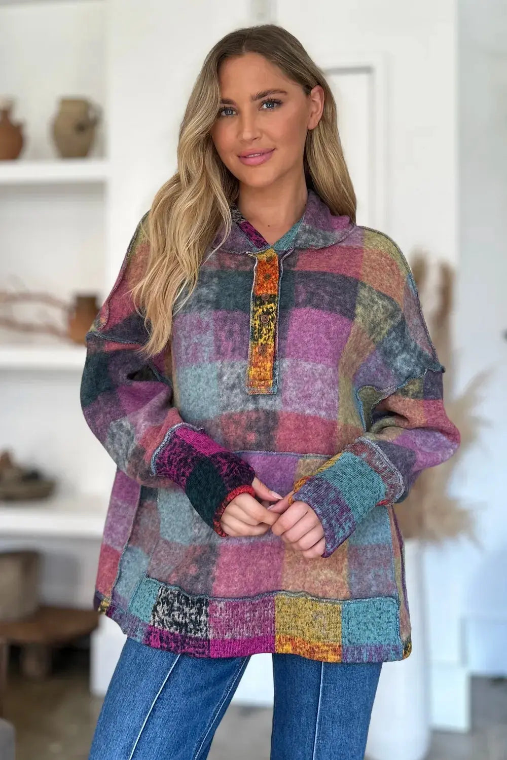 Double Take Full Size Plaid Dropped Shoulder Fleece Hoodie - Love Salve