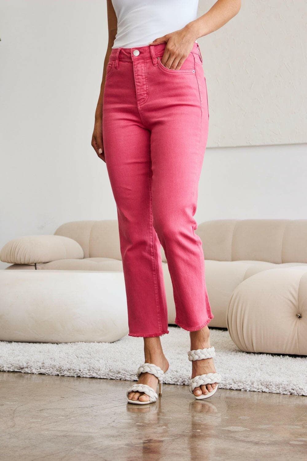 RFM Full Size Tummy Control High Waist Raw Hem Jeans.