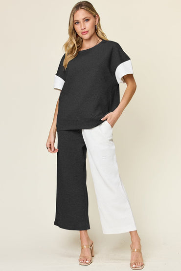 Double Take Full Size Texture Contrast T-Shirt and Wide Leg Pants Set.