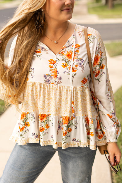 Chic white floral print blouse with puff sleeves for plus sizes