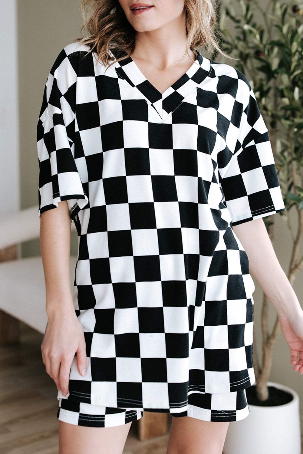 Black Checkerboard Print V Neck Loose Tee and Shorts Set