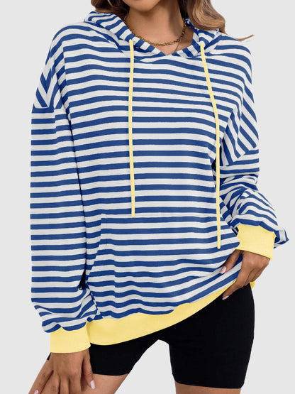 Drawstring Striped Long Sleeve Hoodie.