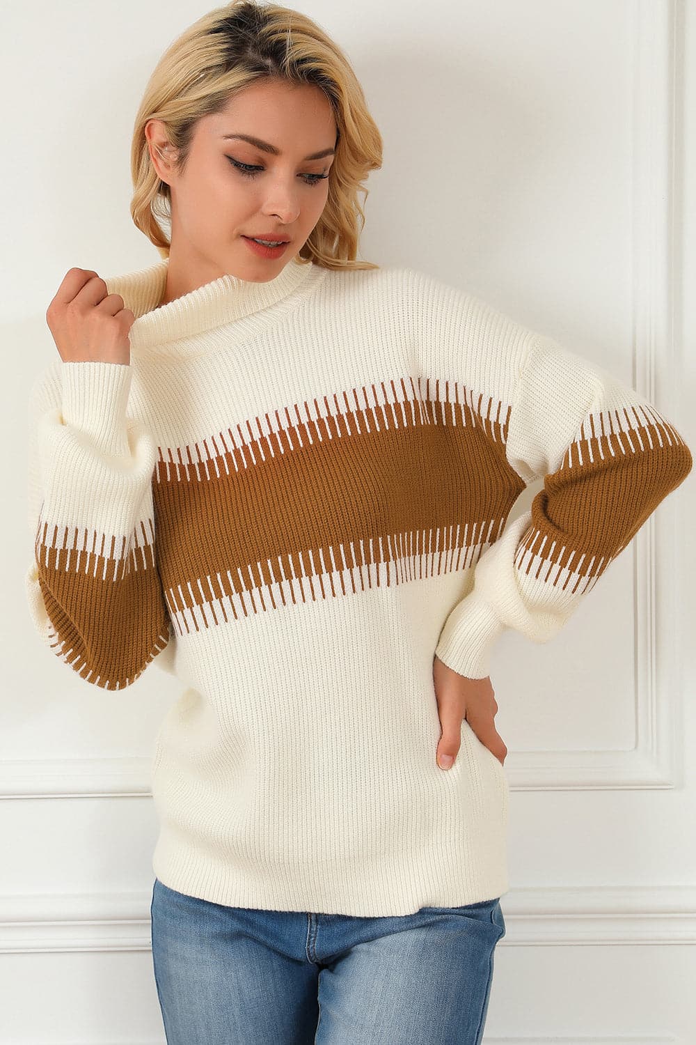 Contrast Turtleneck Long Sleeve Sweater.