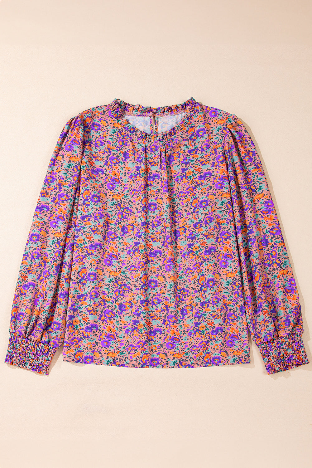 Charming purple floral frilled blouse with shirred cuffs