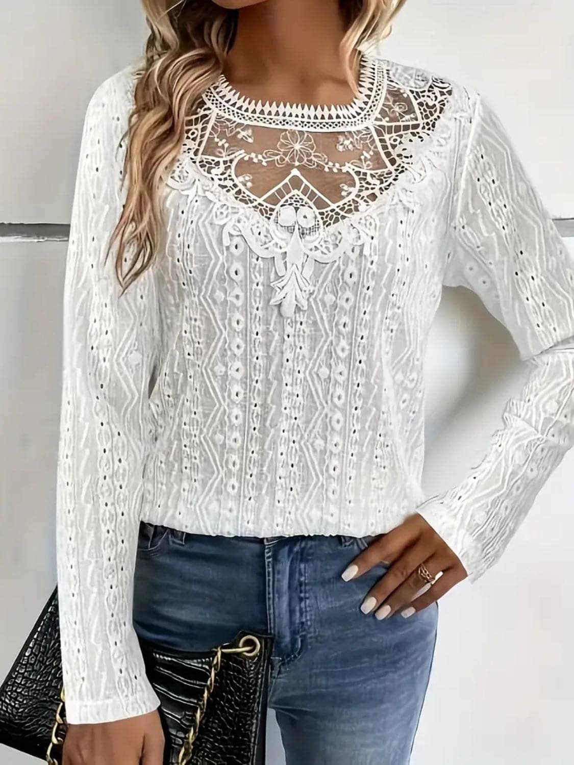 Lace Eyelet Long Sleeve Top.