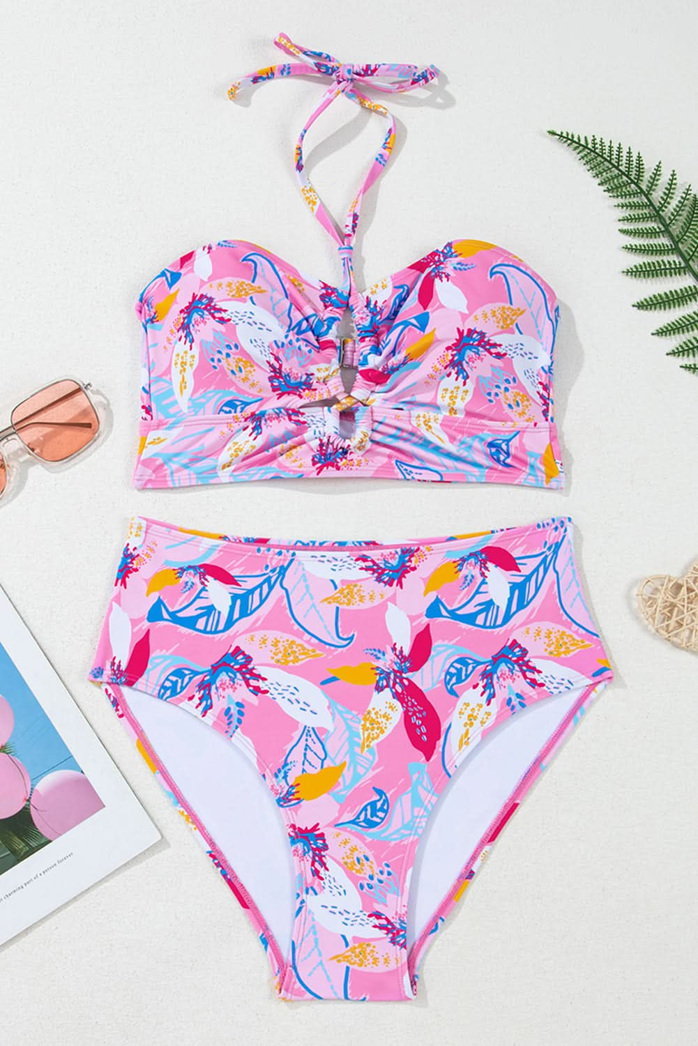 Chic Pink Floral High-Waisted Halter Bikini Set