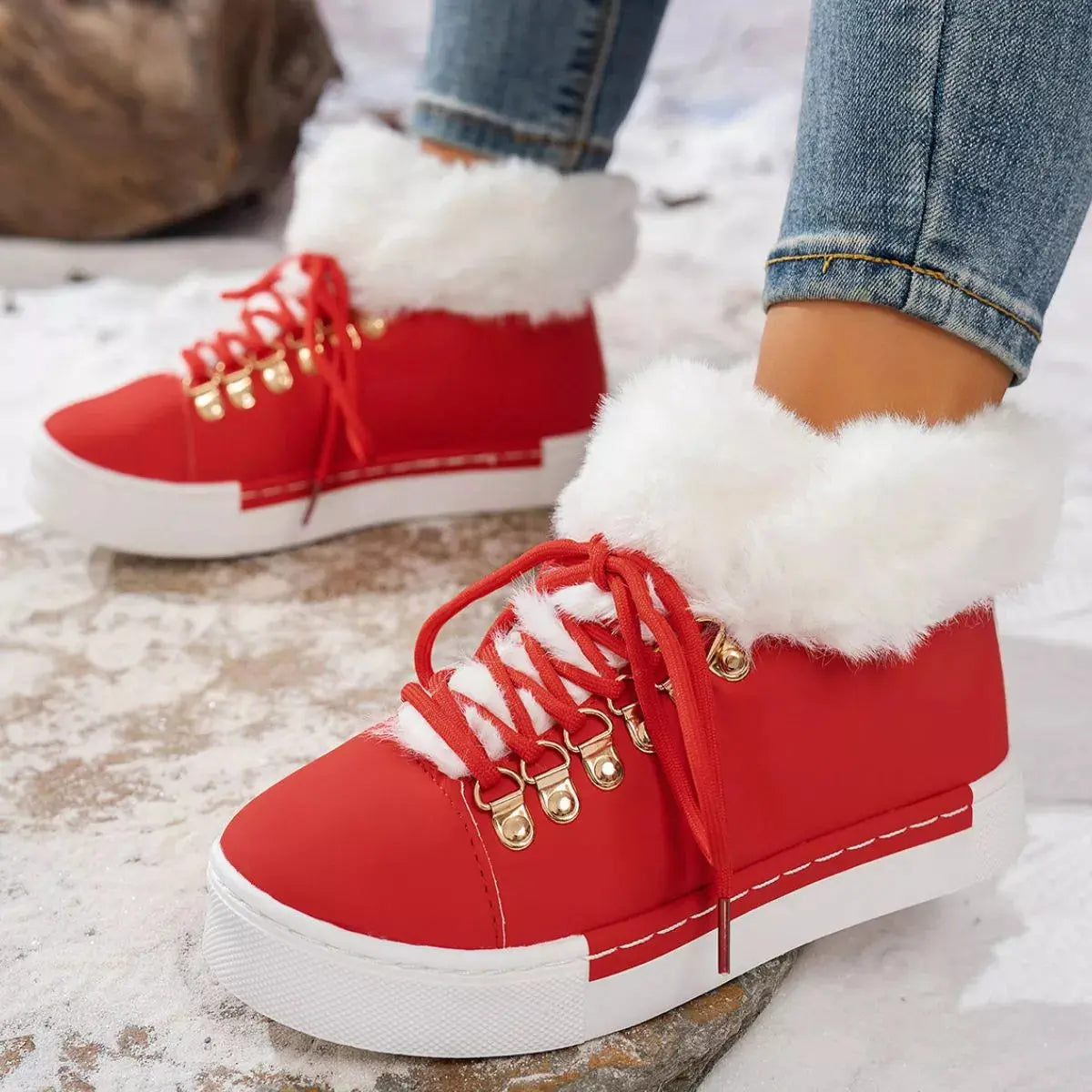 Fuzzy Trim Lace-Up Ankle Boots Simply Love