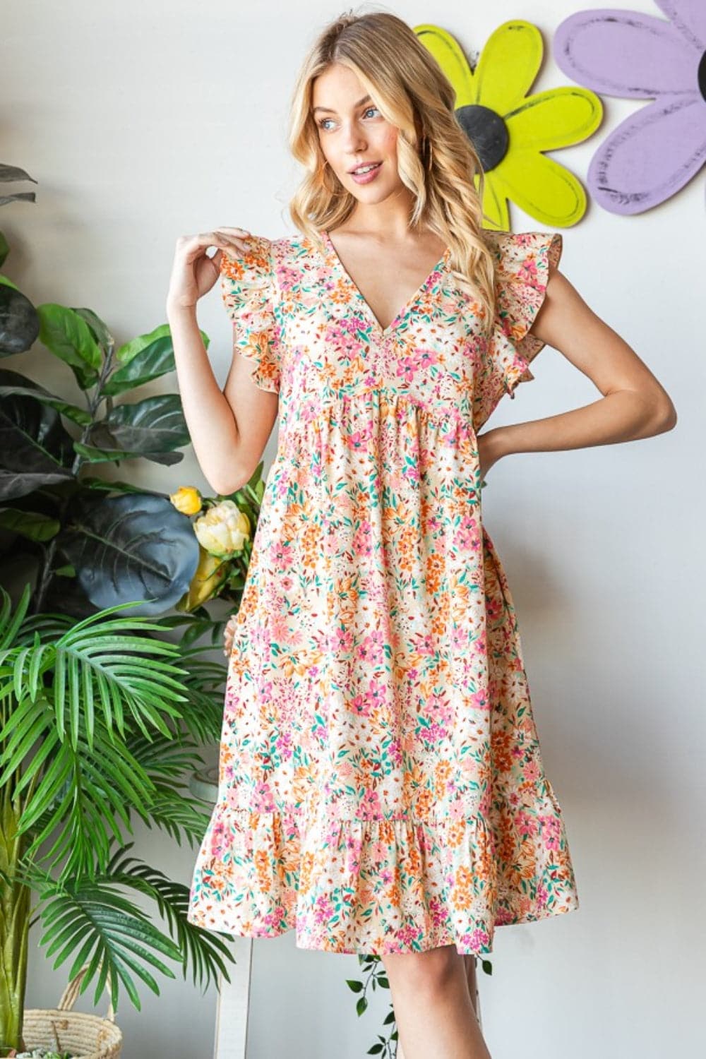 Heimish Full Size Floral Ruffled V-Neck Dress.