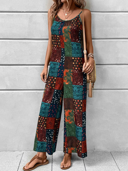 Printed Scoop Neck Spaghetti Strap Jumpsuit.