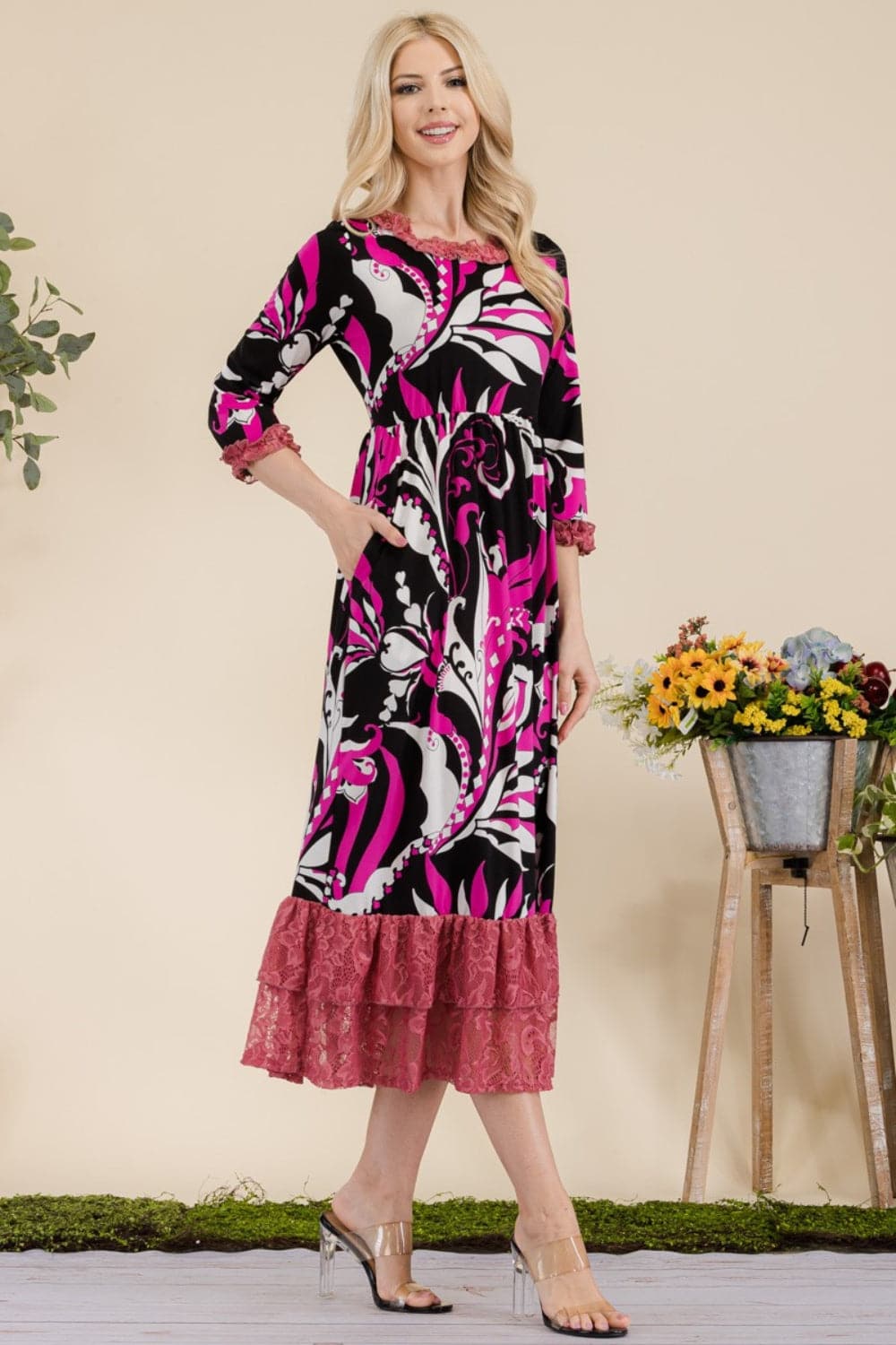 Celeste Full Size Paisley Print Lace Ruffled Midi Dress.