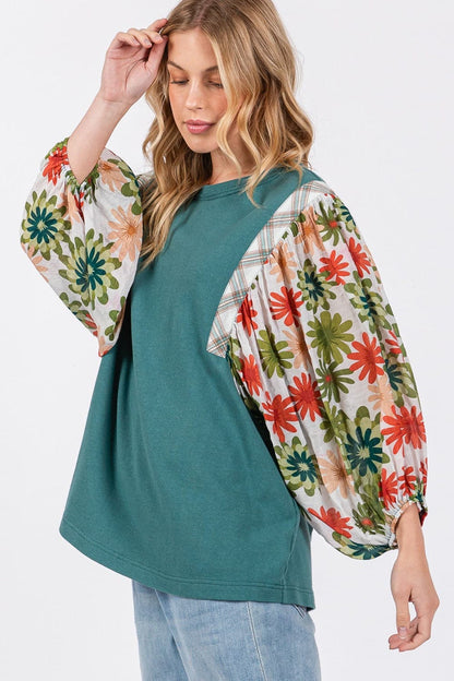 SAGE + FIG Full Size Printed Balloon Sleeve Contrast Top.