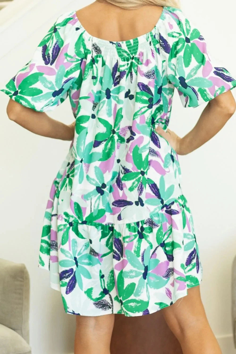 Floral Print Shirred Square Neck Loose Fit Mini Dress Simply Love