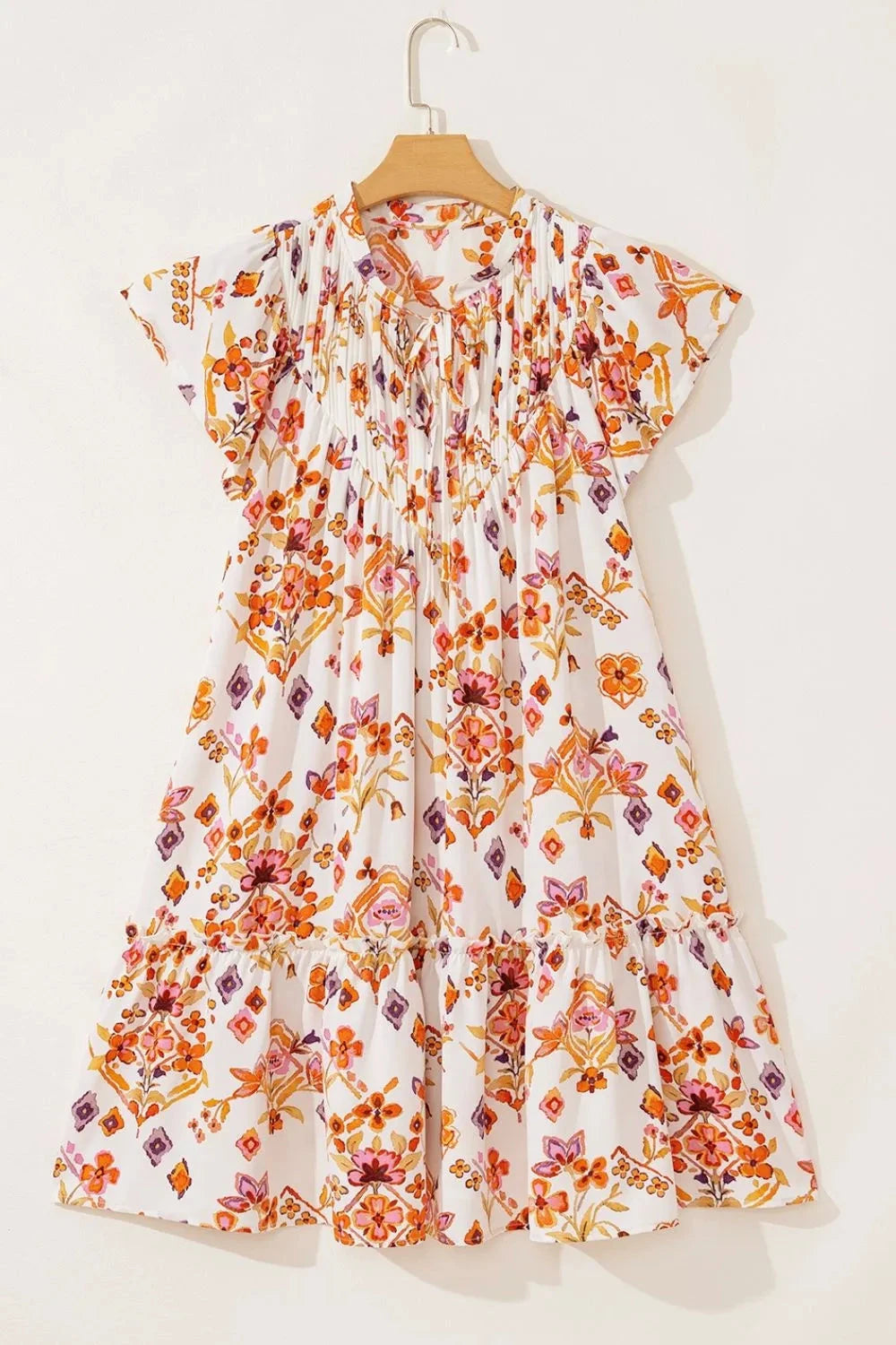 Printed Tie Neck Cap Sleeve Mini Dress Simply Love