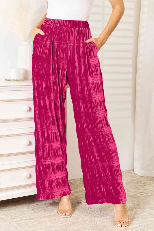 Double Take Full Size High Waist Tiered Shirring Velvet Wide Leg Pants - Love Salve