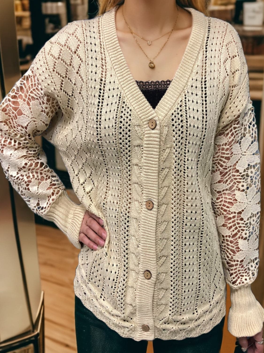 Eyelet Button Up Lantern Sleeve Cardigan.