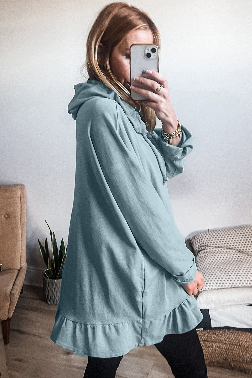 Iceland blue ruffled hem hoodie tunic for casual chic style