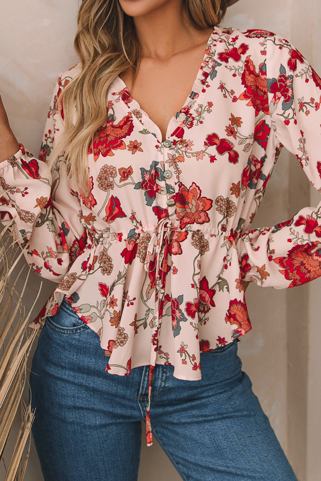 Blush Bloom V-Neck Peplum Blouse Coco’s Tee Boutique