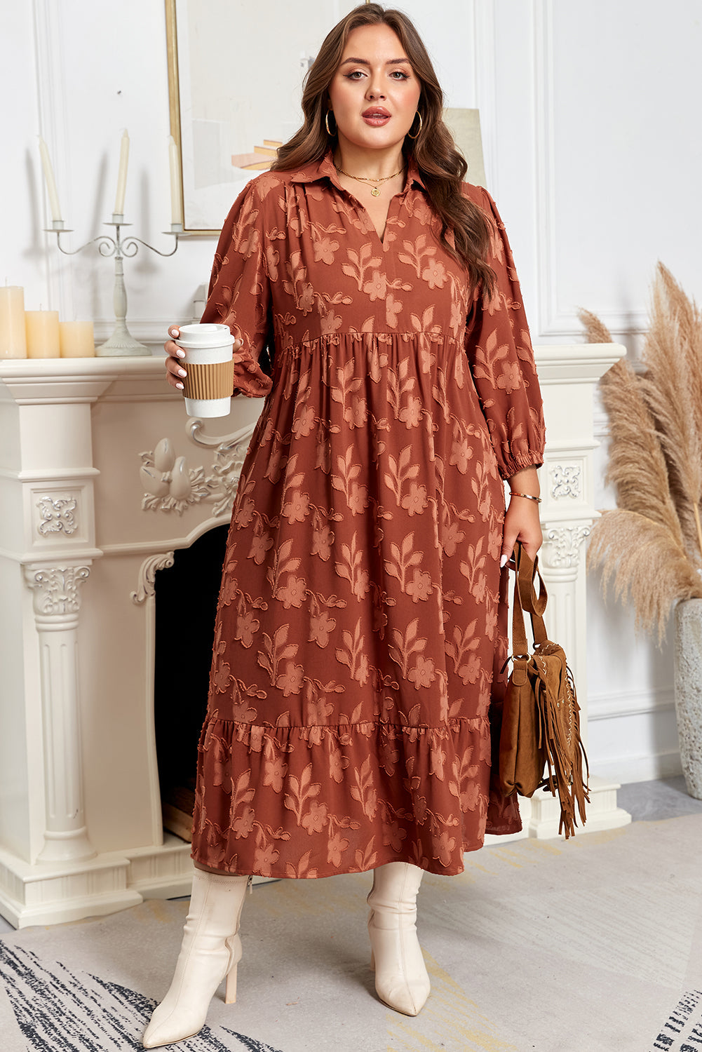 Premium Cinnamon Plus Size Textured 3D Flower Dress Ruffle Hem Long Dear-Lover Dropshipping