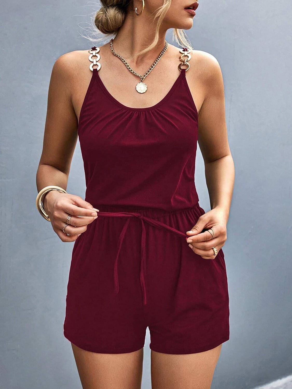 Pocketed Buckle Trim Scoop Neck Romper.