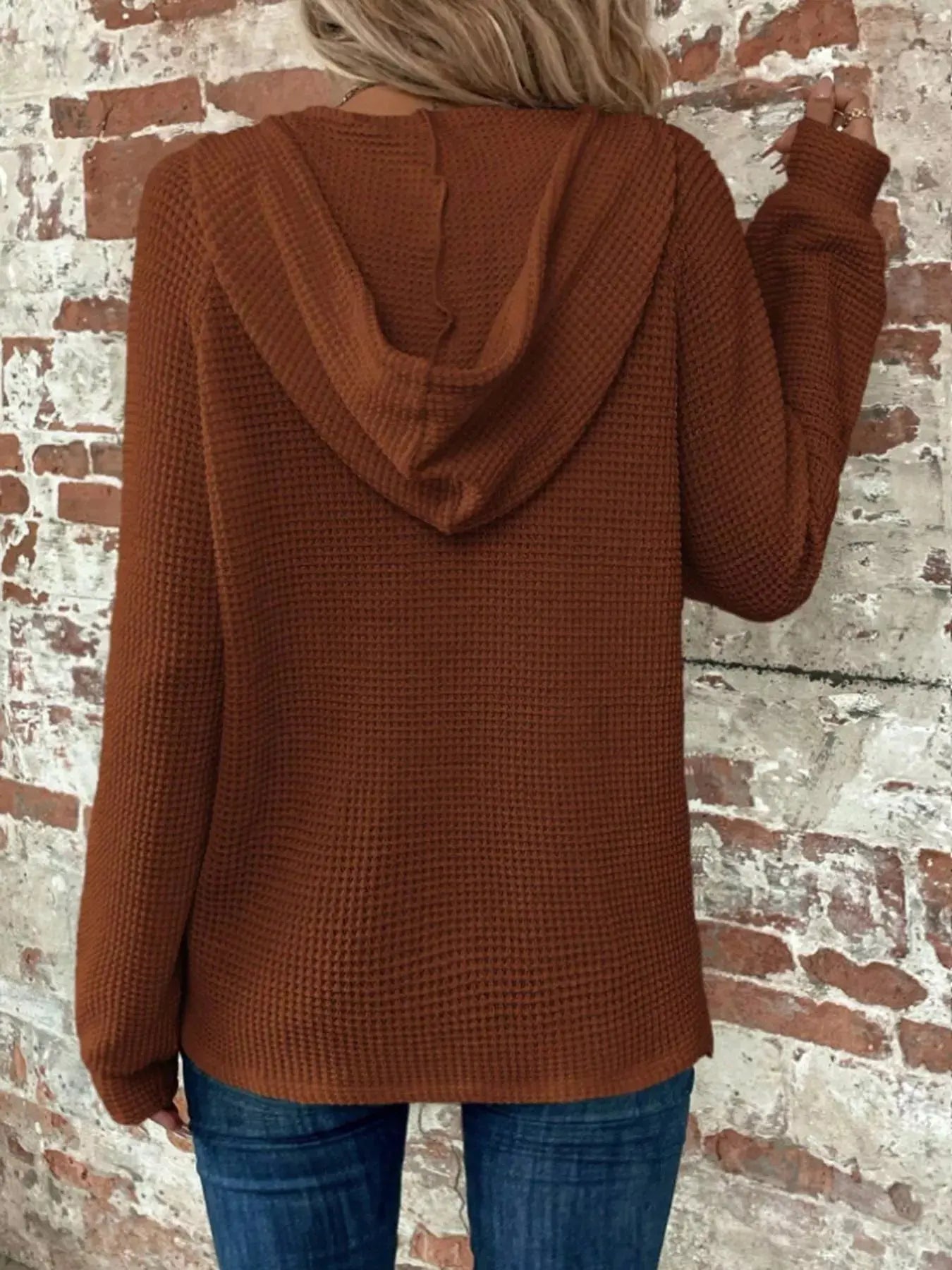 Waffle Knit Button Detail Hoodie Simply Love