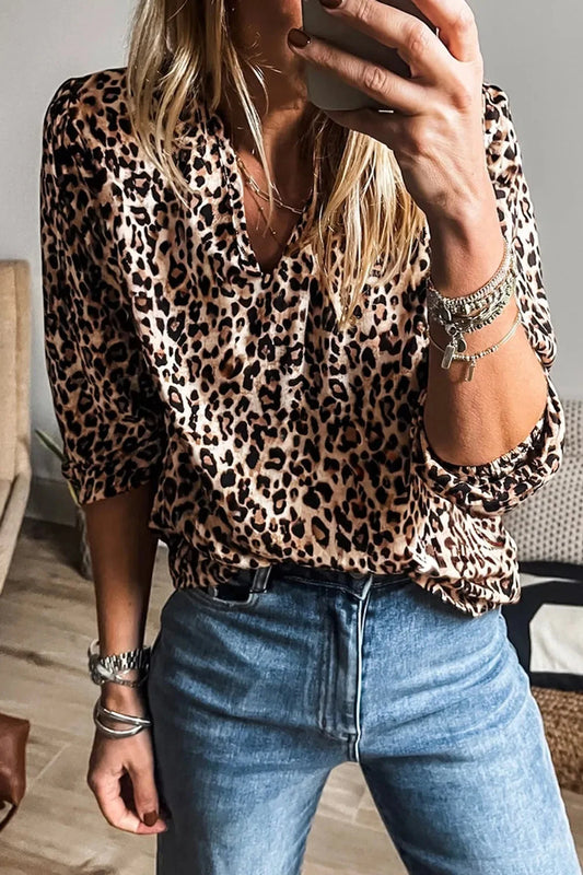 Leopard Notched Half Sleeve Blouse Simply Love