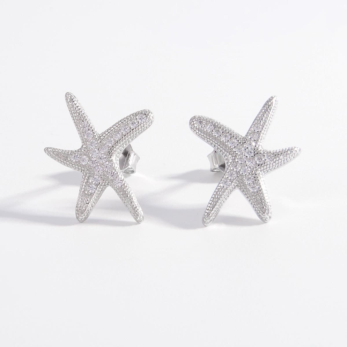 925 Sterling Silver Inlaid Zircon Starfish Earrings.