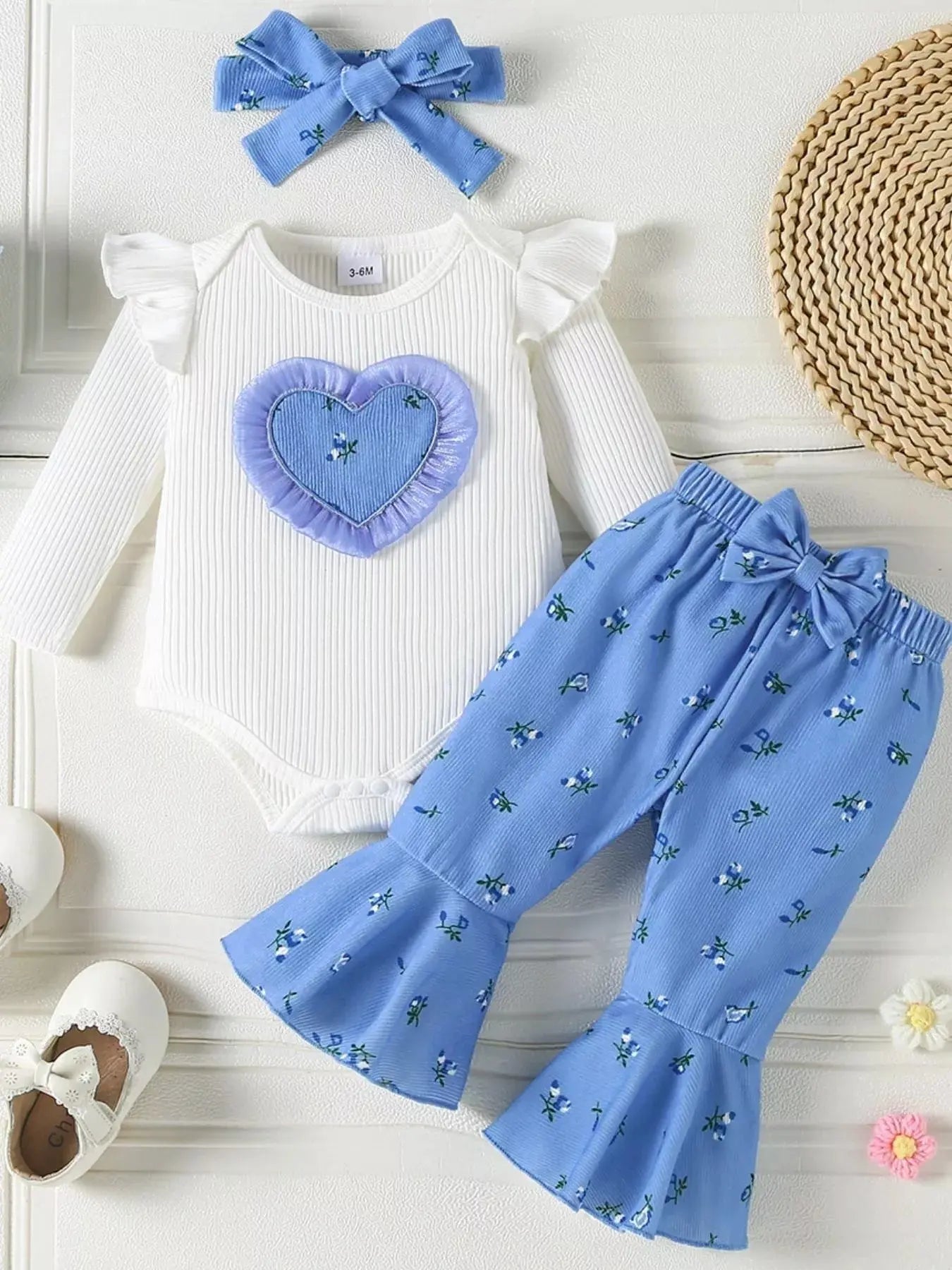 Children's Ruffled Bodysuit and Floral Pants Outfit Set with Headband Simply Love