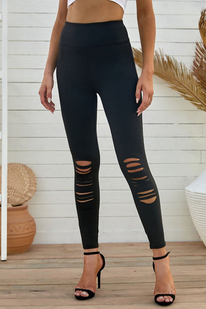 Double Take Wide Waistband Distressed Slim Fit Leggings.