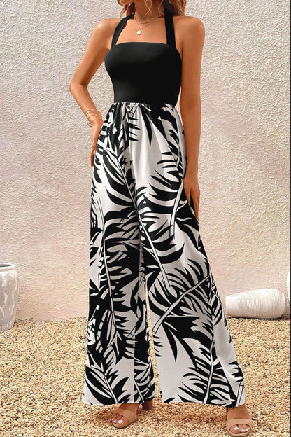 Printed Halter Wide Leg Jumpsuit.