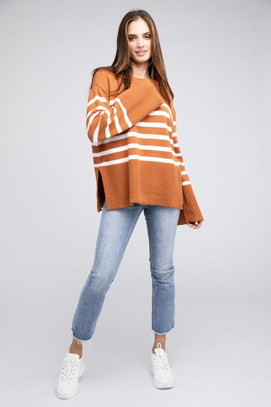 Ribbed hem striped sweater - cozy chic