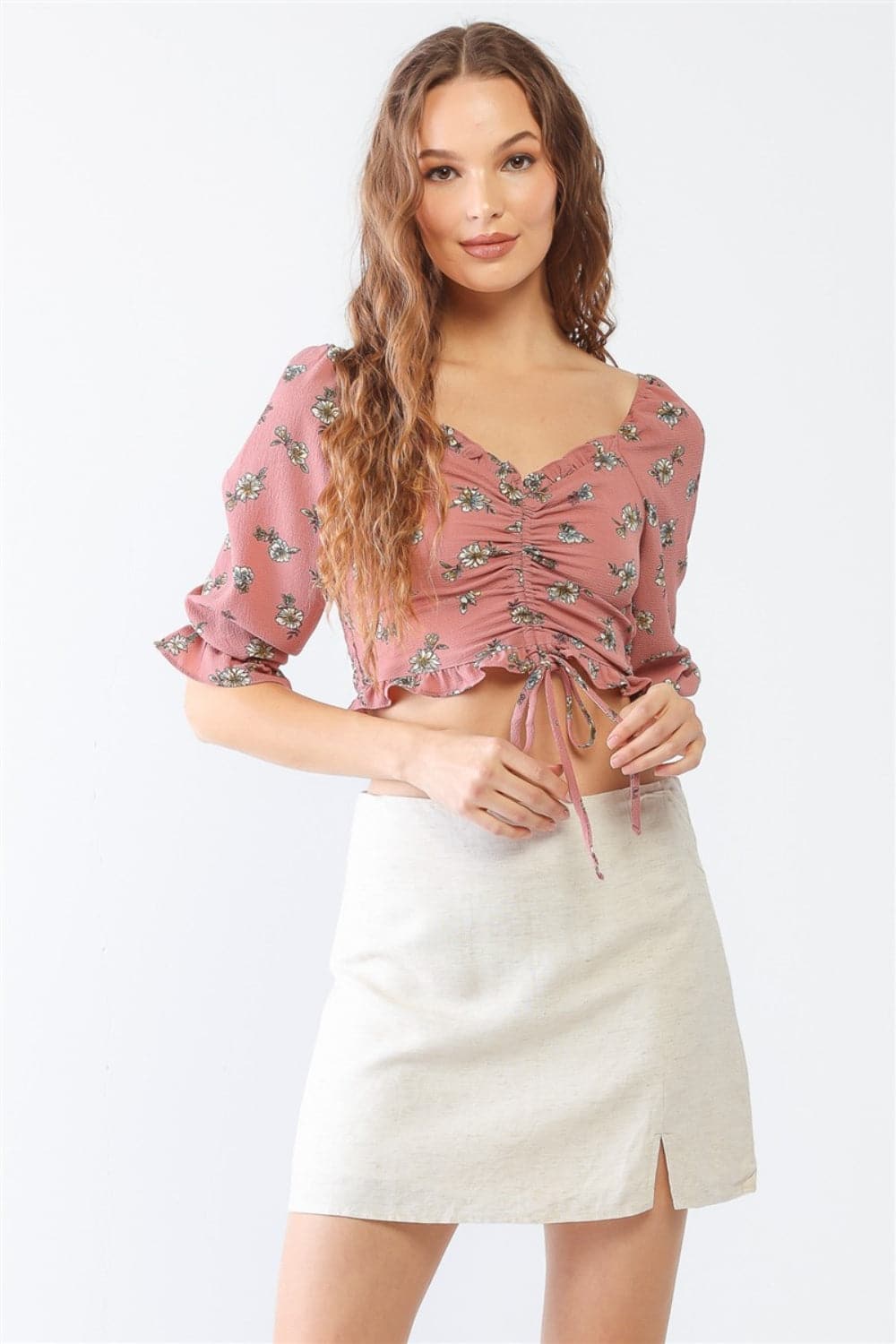 Miss Love / Kevin Co. Floral Ruffle Smocked Back Ruched Crop Top.