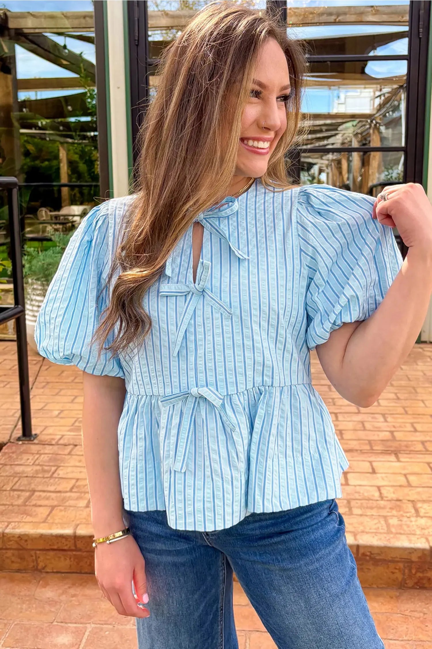 Sky Blue Stripe Bow Knot Textured Short Puff Sleeve Babydoll Blouse Dear-Lover Dropshipping