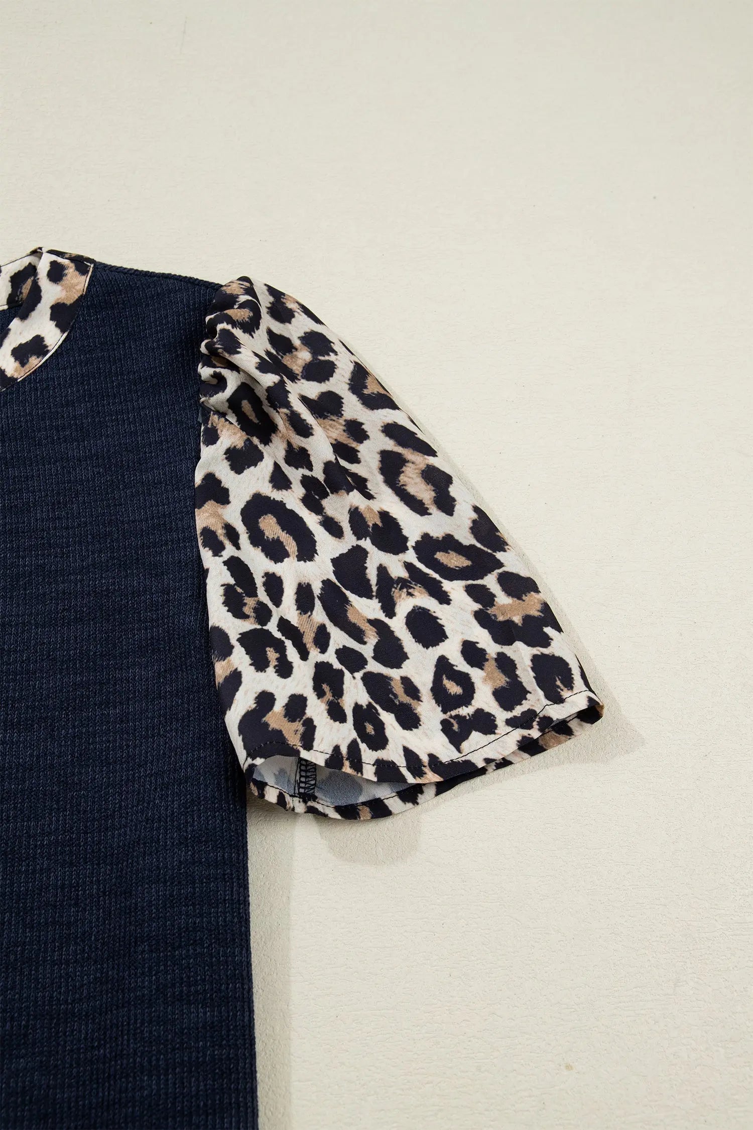Navy Blue Ribbed Patchwork Leopard Short Sleeve Top For Women Dear-Lover Dropshipping