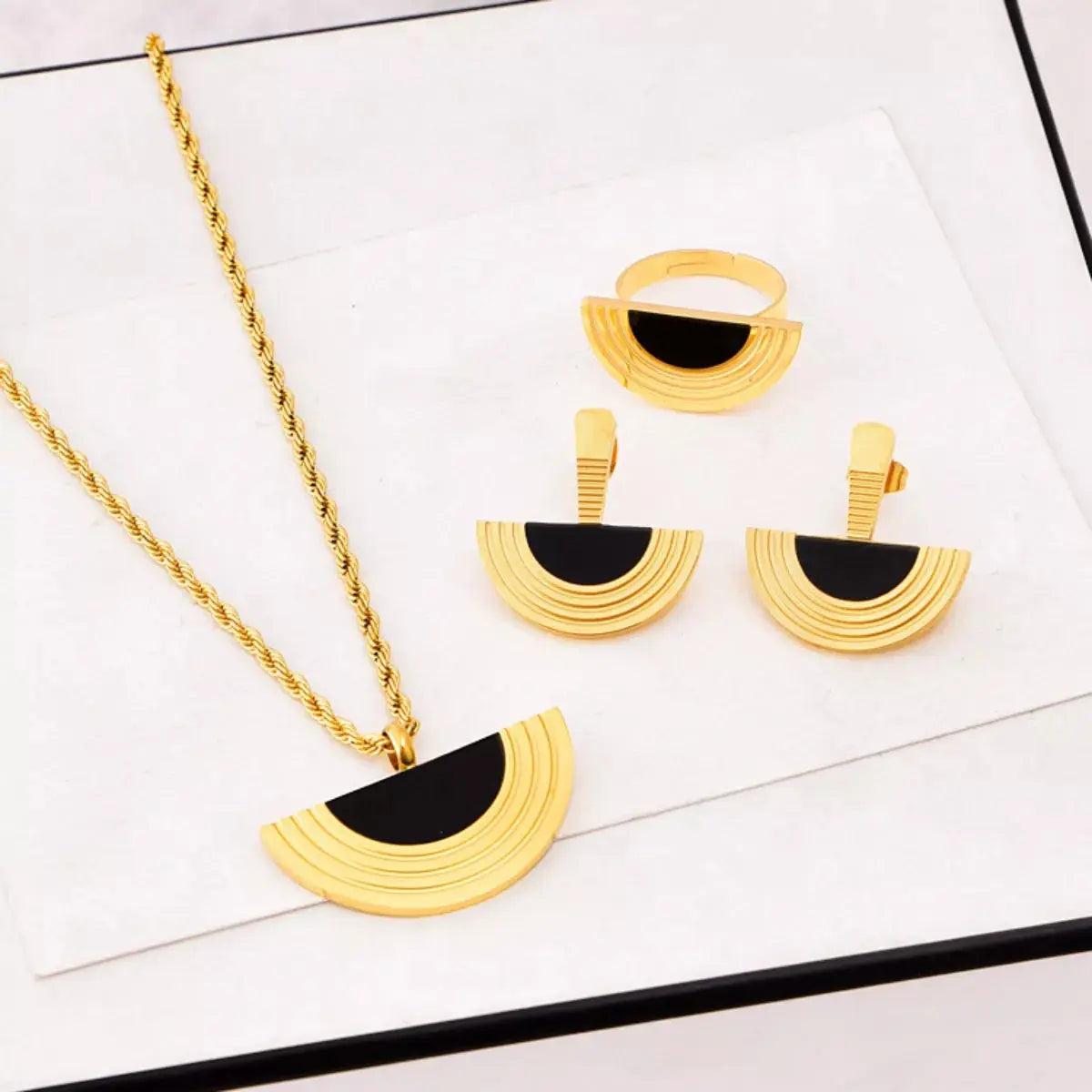 Geometric Half-Circle 18K Gold Plated Necklace Ring and Earrings Jewelry Set Simply Love