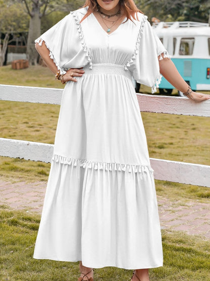 Plus Size Tassel Smocked V-Neck Half Sleeve Dress.