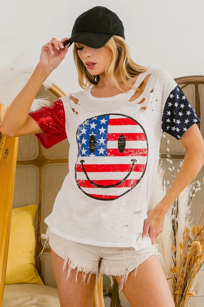 BiBi Fourth Of July Top With Laser Cut And Smile Face - Love Salve 