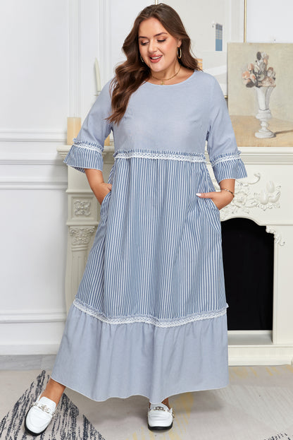 Sky Blue Stripe Crisscross Lace Patchwork Plus Size Dress