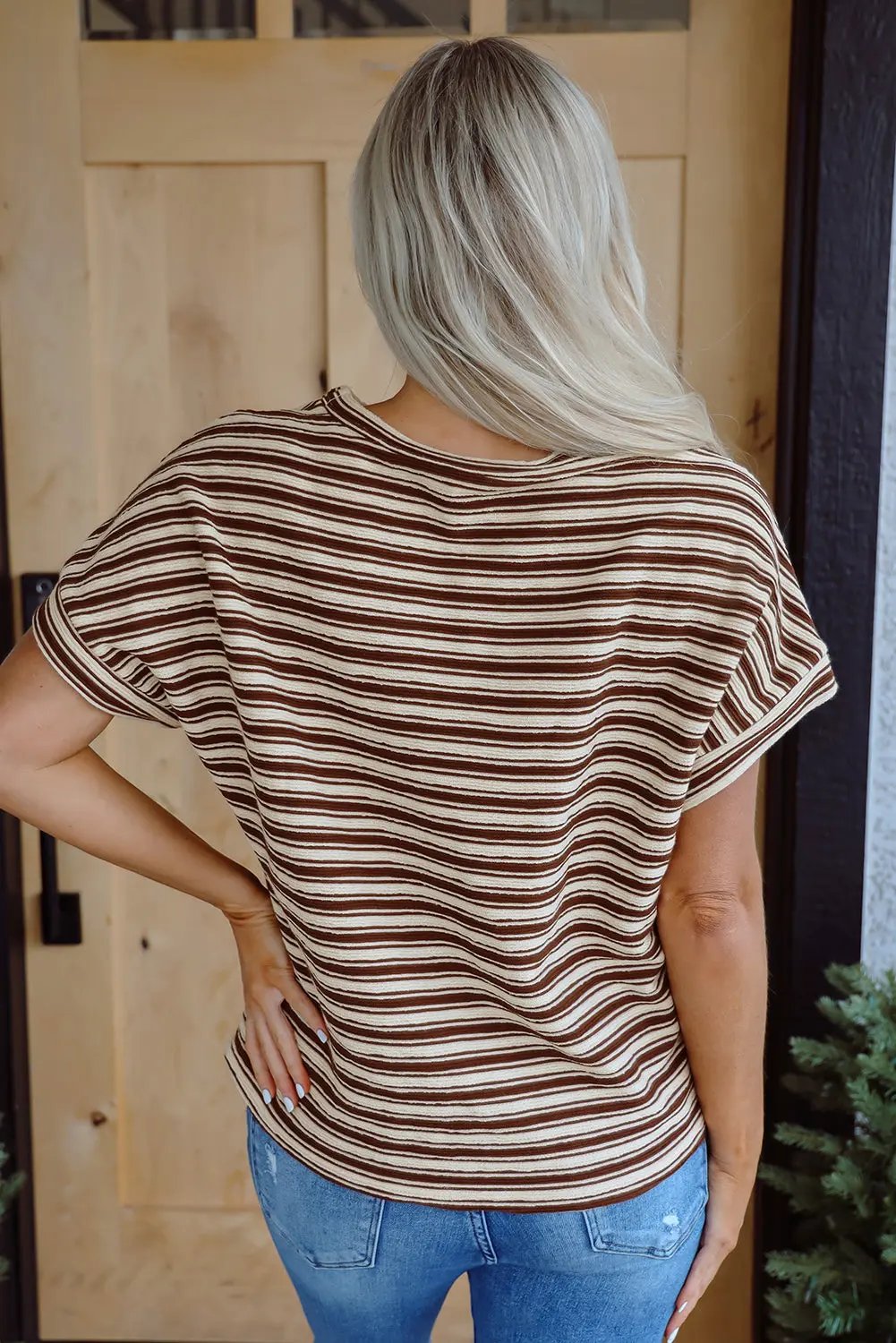 Brown Stripe Textured Side Slits Crew Neck T Shirt for Women Love Salve