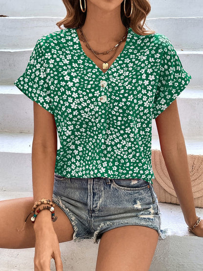 Printed V-Neck Short Sleeve Blouse.