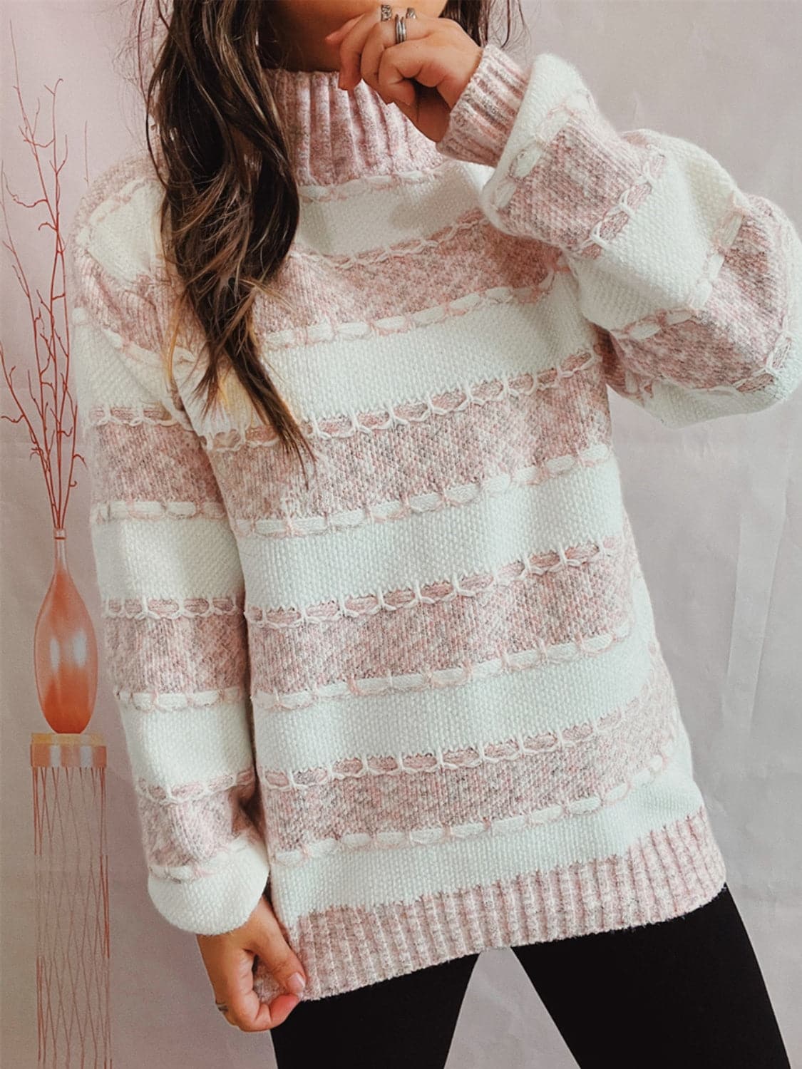 Striped Turtleneck Long Sleeve Sweater.